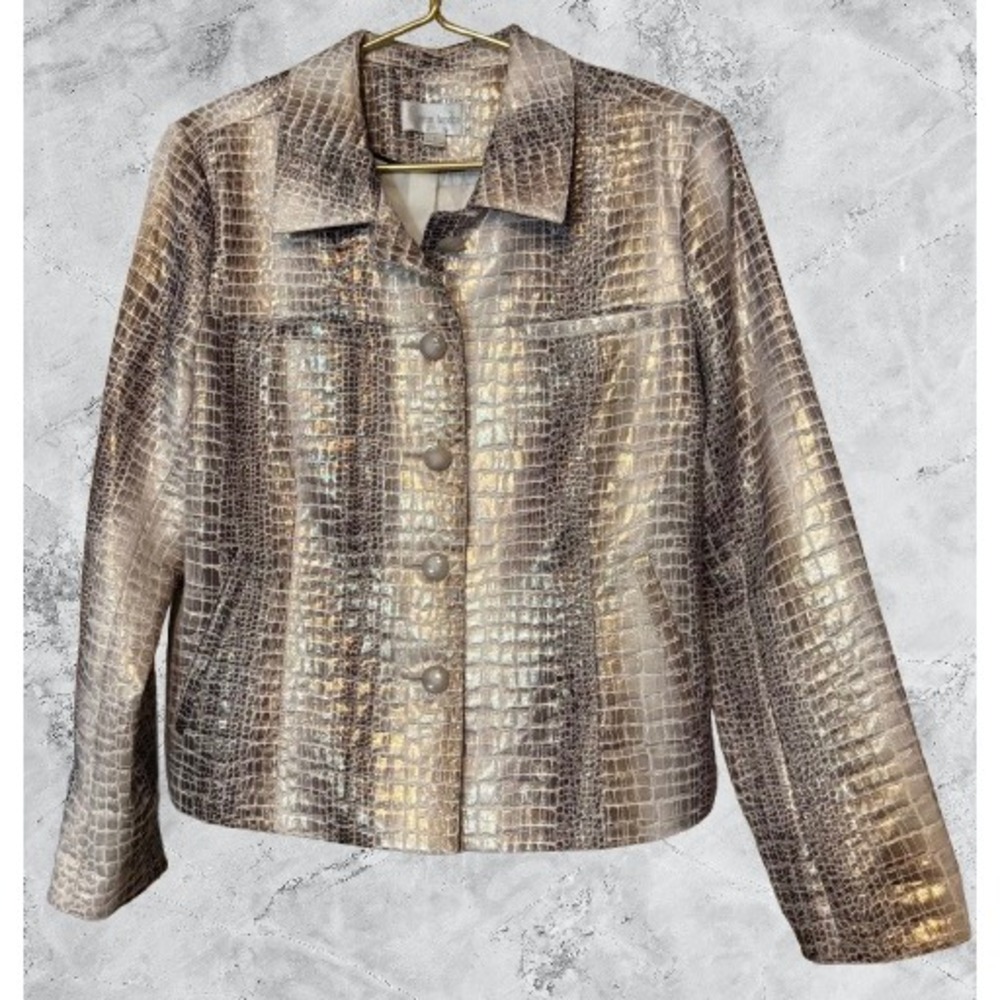 Erin London Womens Gold Silver Metallic Crocodile Embossed Jacket Size L Blazer